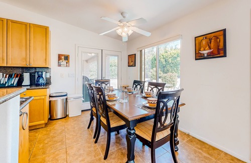 Desert Hot Springs House | Dog-friendly home with patio, grill, firepit, outdoor pool, tennis, & fireplace
