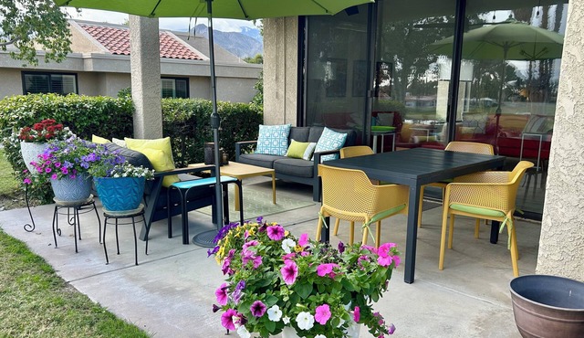 CCCC gated 2BR condo, open modern interior, golf course view, 2 private patios