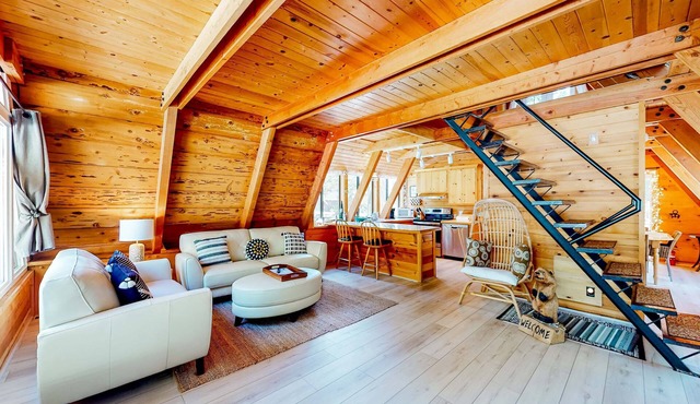 Dog-friendly A-frame cabin with 2 decks & fireplace - walk to the beach