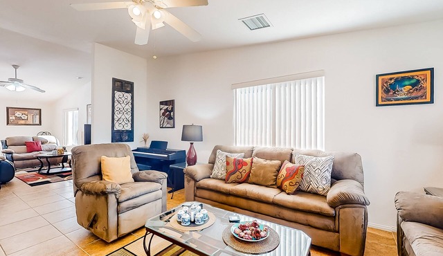 Dog-friendly home with patio, grill, firepit, outdoor pool, tennis, & fireplace